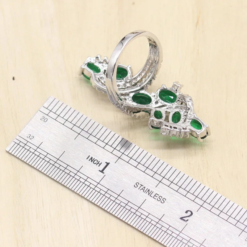 Женский свадебный ювелирный комплект зеленый полудрагоценный серебряный с