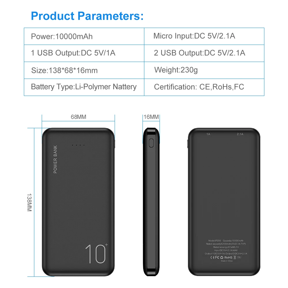 Внешний аккумулятор 10000 мА/ч для всех мобильных телефонов двойной USB портативная