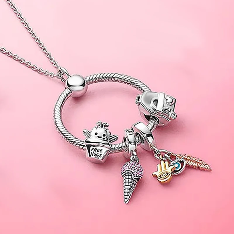 

2020 100% 925 Sterling Silver 1:1 spring ice cream cactus backpack hand letter O pendant pan necklace female