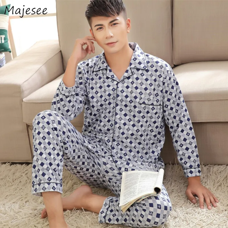 

Пижамный комплект мужской в клетку Ulzzang Chic, с длинным рукавом, удобная домашняя одежда в Корейском стиле, на осень