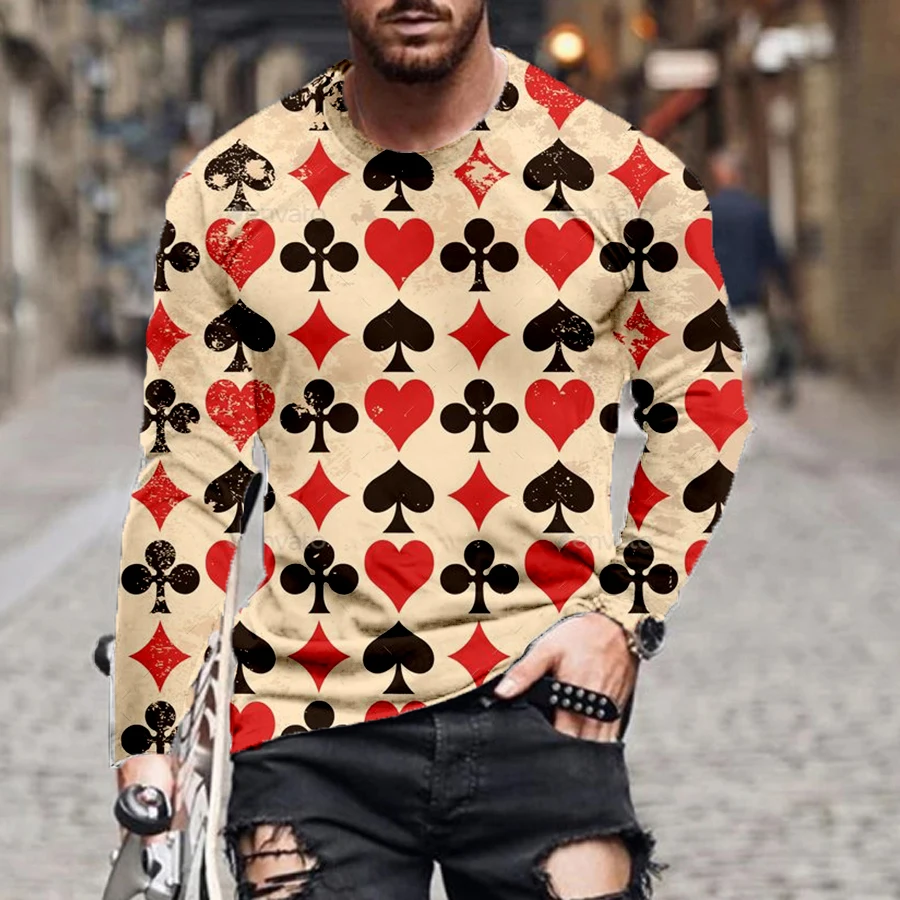 

Spot European and American new fashion men's and women's T-shirt playing cards 3D printing round neck long sleeve street tr
