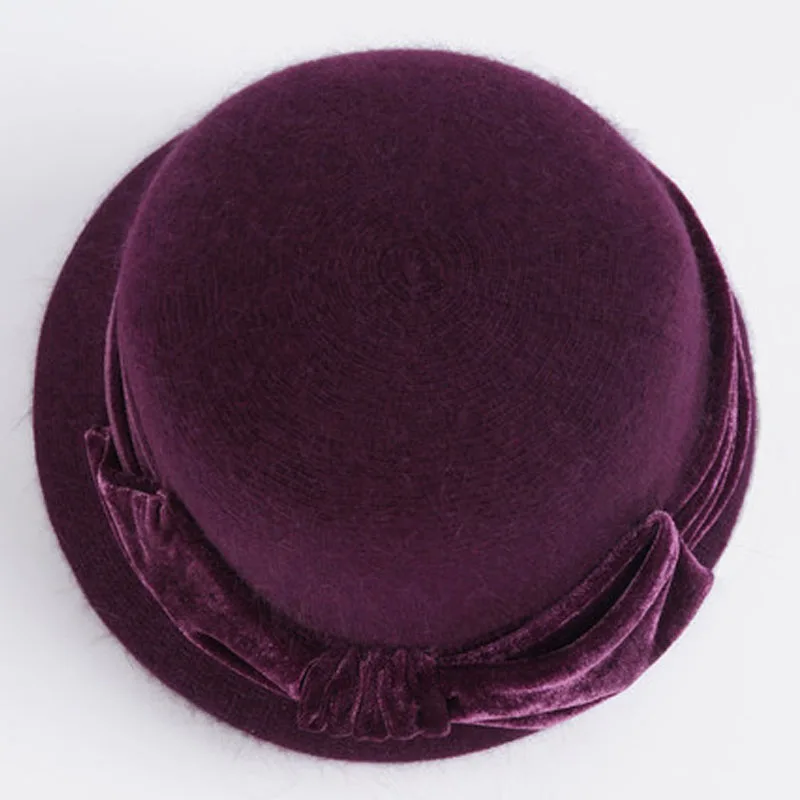 Deep Purple Cap Only Для женщин шерсти кроличий мех трикотажная шапка Федора модные Винтаж шляпа с широкими полями Женская зимняя обувь Шапки вырезом теплая шапка с шарфом - Цвет: Deep Purple Cap Only