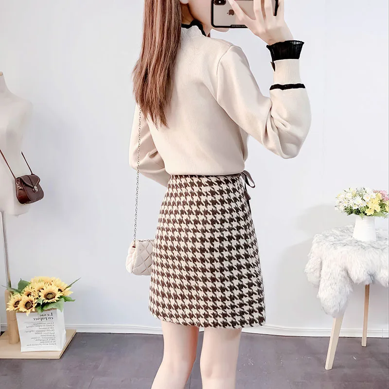 

new winter fashion sweet skirt suit brooch sweater plover case two-piece outfit pullover top knitwear grid skirt set clothing