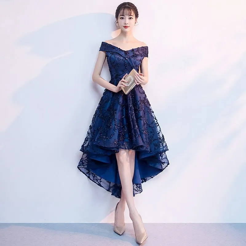 

Special Occasion Dress Illusion V-Neck Short Luxury Navy Blue Tulle Lace Off The Shoulder Backless Vintage Women Prom Gown E1052
