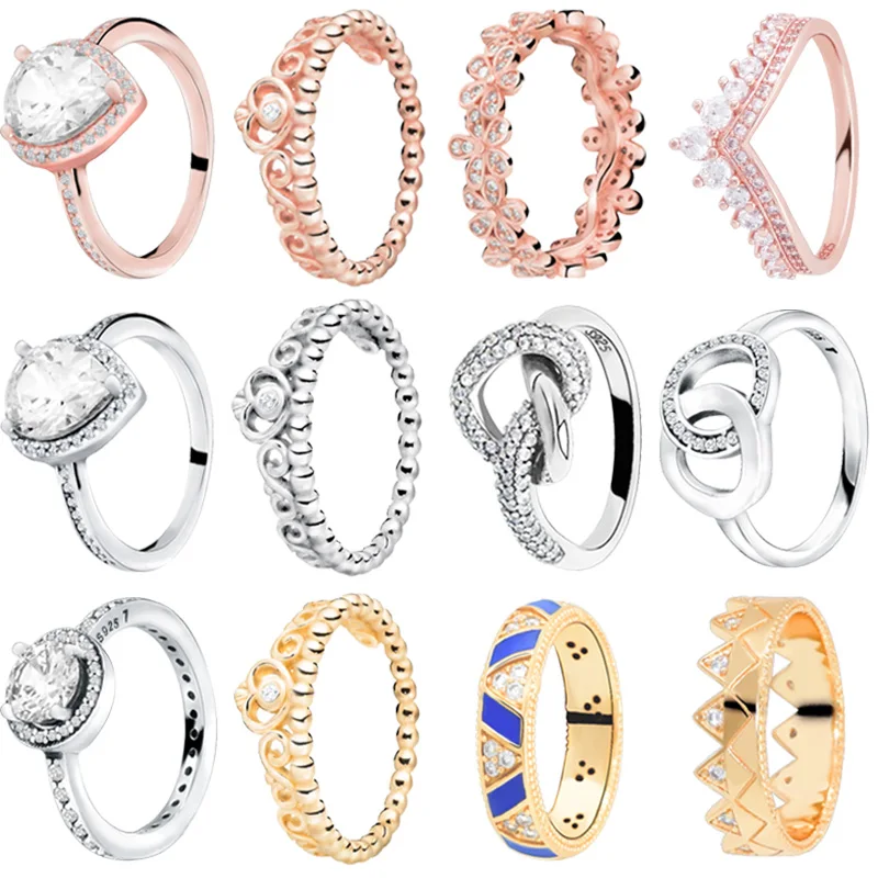 

Authentic 925 Sterling Silver Princess Tiara Crown Sparkling Love Heart CZ Ring For Women Engagement Jewelry Anniversary