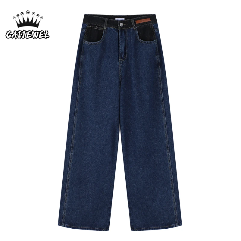 

High Waist Womens Straight Jeans Vintage Baggy Streetwear Korean Fashion Patchwork Chic Design Denim Trouser Girl Wide Leg Pants