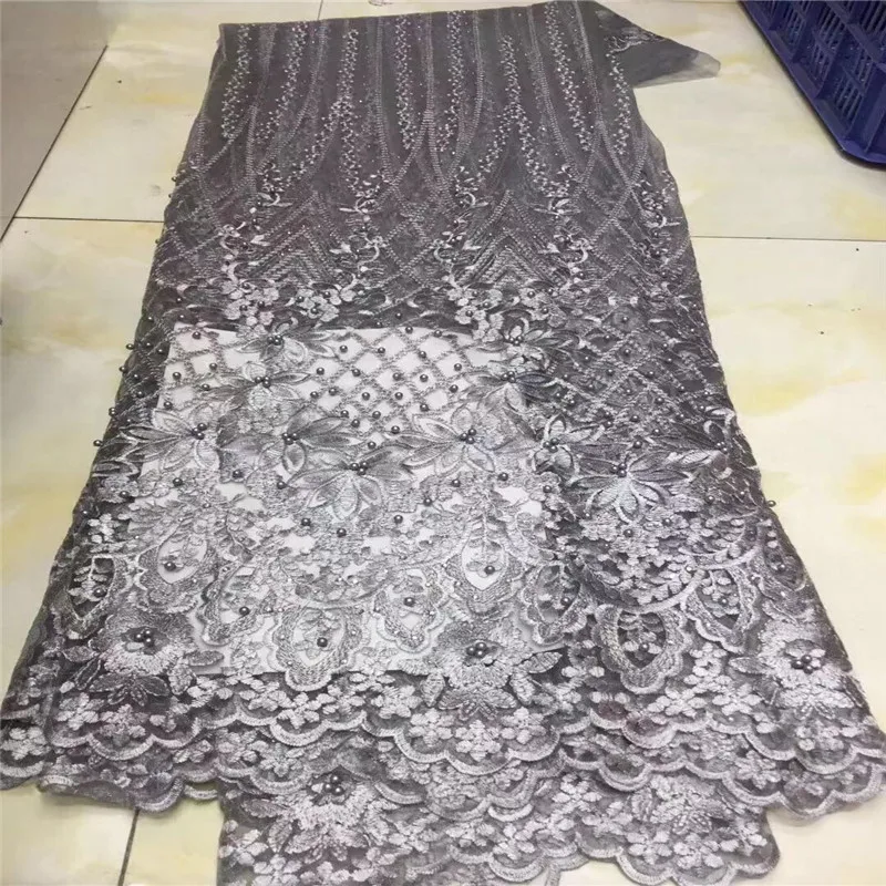 Африканская кружевная ткань высокого качества серый французский Тюль бусины
