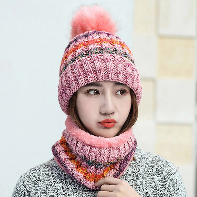 

Зимний женский вязаный комплект из шапки и шарфа, теплые облегающие шапки для девочек, плюшевая шапка и шарф с кольцом, разноцветные женские...