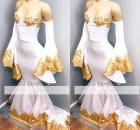 elegant white african evening dresses 2021 off the shoulder gold appliques long sleeves mermaid satin vestidos de noiva