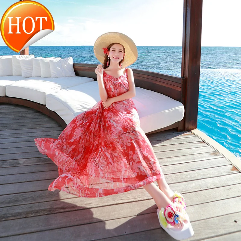 

Beach skirt Thai beach holiday Bohemian long skirt Chiffon Floral Dress