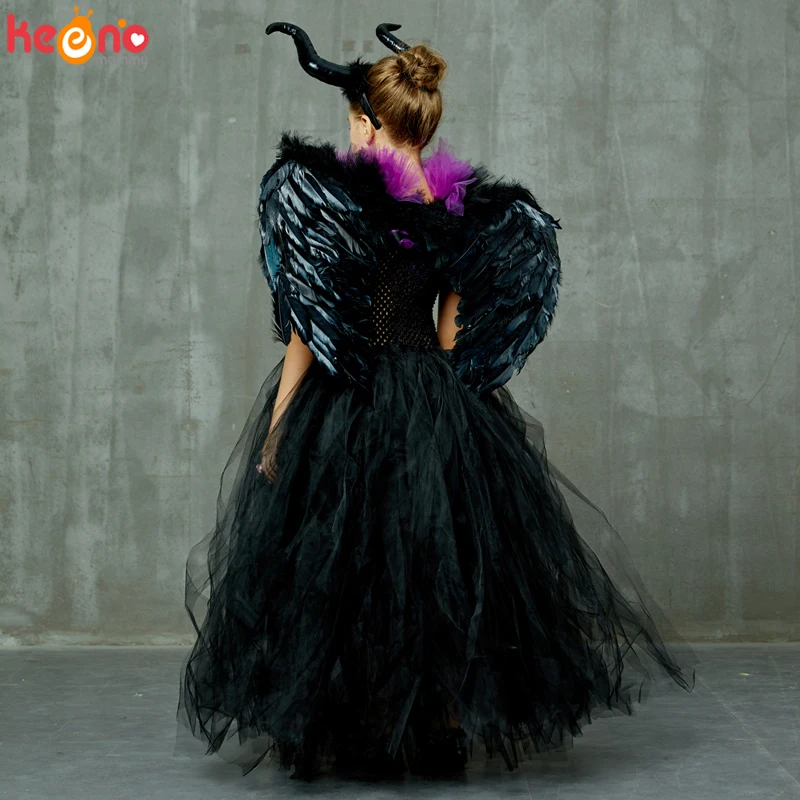 Maleficent/черное платье-пачка с роскошными рогами и крыльями; нарядное платье для девочек; Детский костюм ведьмы для косплея на Хэллоуин