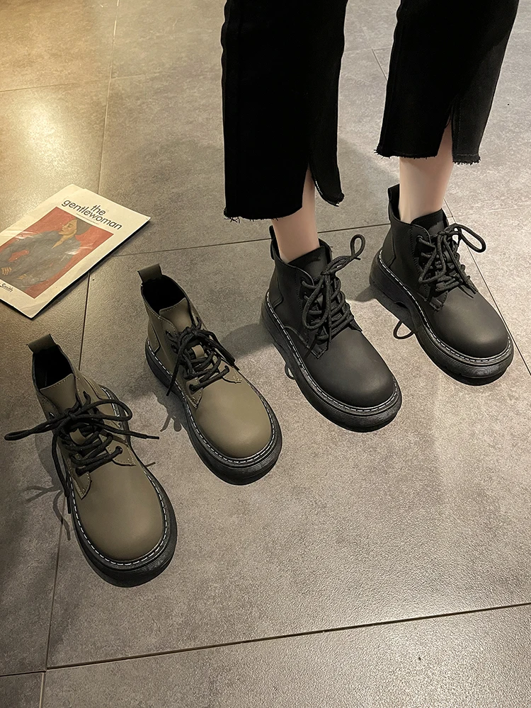 

Кожаные ботинки, женские водонепроницаемые ботильоны на платформе, женская зимняя обувь, черные ботинки на молнии на толстом каблуке