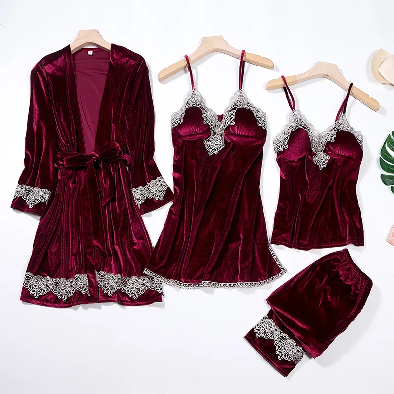 

Soft Kimono Bathrobe Gown Velvet Female 4PCS Pajamas Set Sleepwear Sexy Lace Velour Nightwear 2021 New Sleep Set Casual Homewear