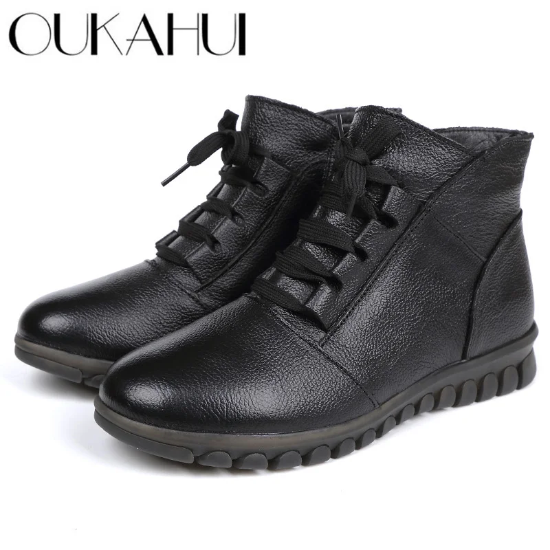 OUKAHUI/зимние классические черные женские ботильоны из натуральной кожи на низком