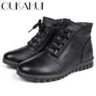 OUKAHUIзимние классические черные женские ботильоны из натуральной кожи на низком каблуке 3 см, на мягкой подошве, на шнуровке, теплые женские ботинки на молнии