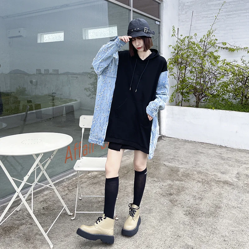 Женская толстовка с капюшоном Max LuLu черная джинсовая Толстовка длинным рукавом и