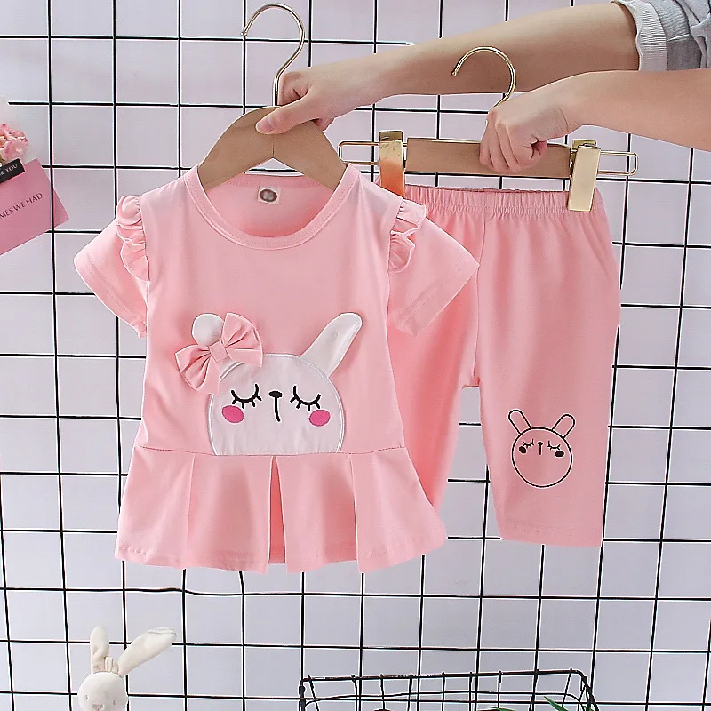 

Children's summer new short-sleeved skirt suit girl cartoon rabbit short-sleeved T-shirt + shorts cotton sports two-piece suit