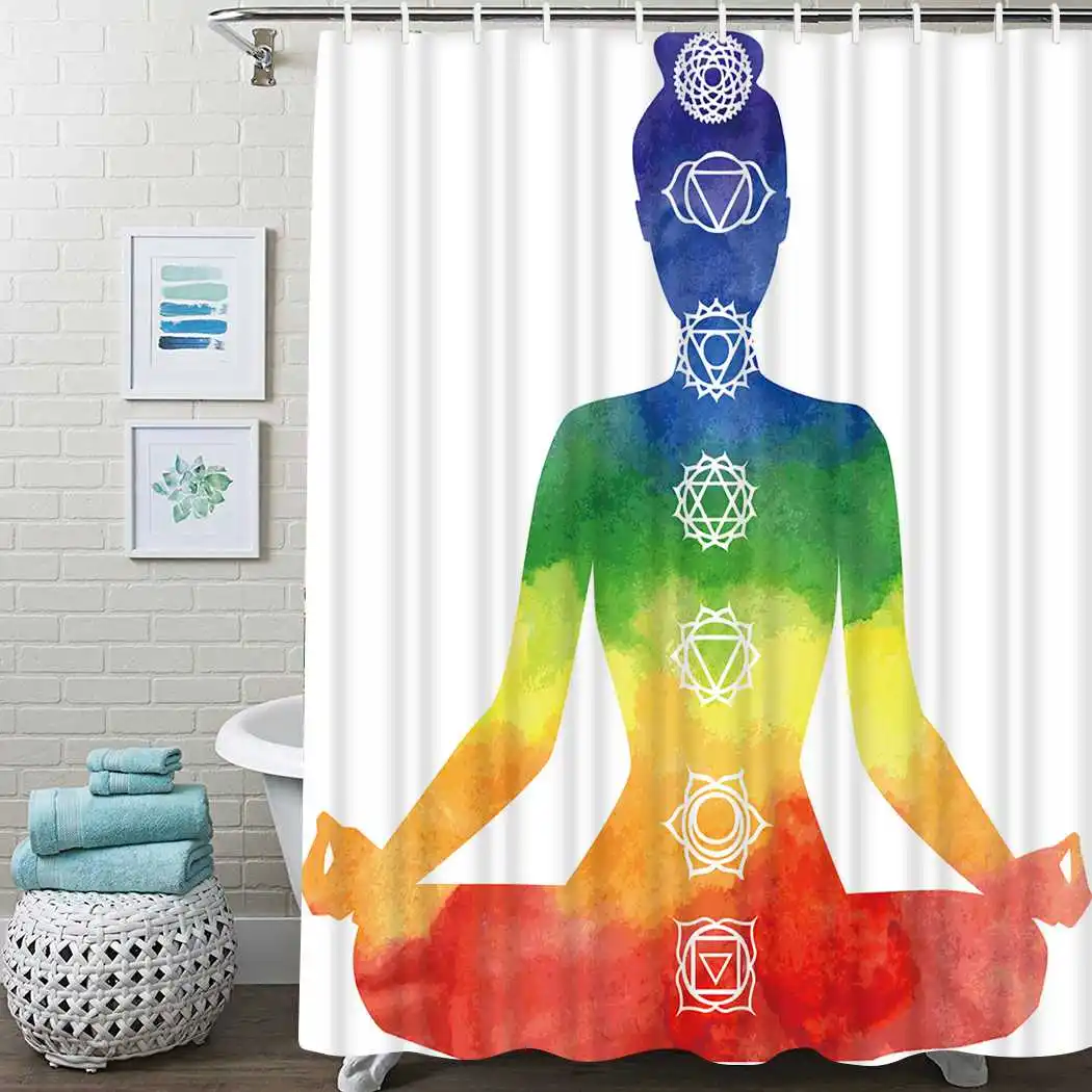 

Chakra Shower Curtain Color Lotus Pose Yoga Shower Curtain Waterproof Fabric For Bathroom Decor Shower Curtains Set with Hooks