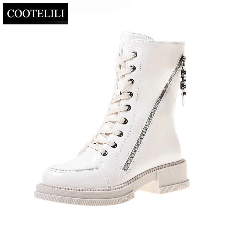 

LIBIELIy Winter Womens Ankle Boots Warm With Plush Round Toe 4cm Heel Lace Up And Zip Pop Fashion Shoes For Woman Size 35-40