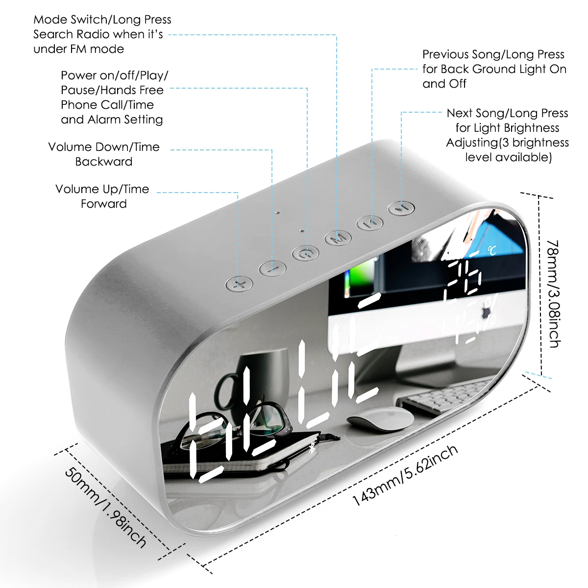 

SOONHUA Portable Wireless Speakers BT 4.2 Speakers Subwoofer LED Alarm Clock TF Card AUX Digital FM Radio Alarm Clock