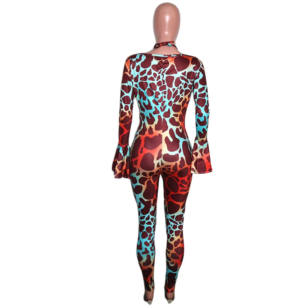

Cutubly V Neck Women'S Set Sexy Leopard Print Two Piece Set Halter Bra Long Flare Sleeve Hollow Out Jumpsuit Night Club Outfit