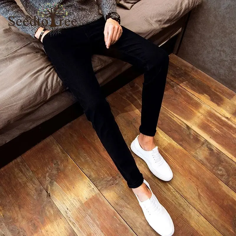 Casual Men's Jeans Slim Small Feet Ankle Length Denim Trousers Pencil Pants