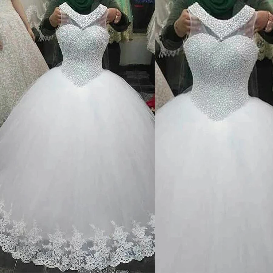 

Sheer White Tulle Jewel Neckline Wedding Dress 2020 Crystals Beading Bodice Ball Gown Bride Dresses Custom Made Appliques Gowns