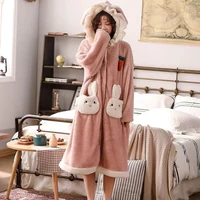 winter flannel nightdress for women hooded nightgown bunny ears sweet cute coral velvet thick warm plus size homewear clothes
