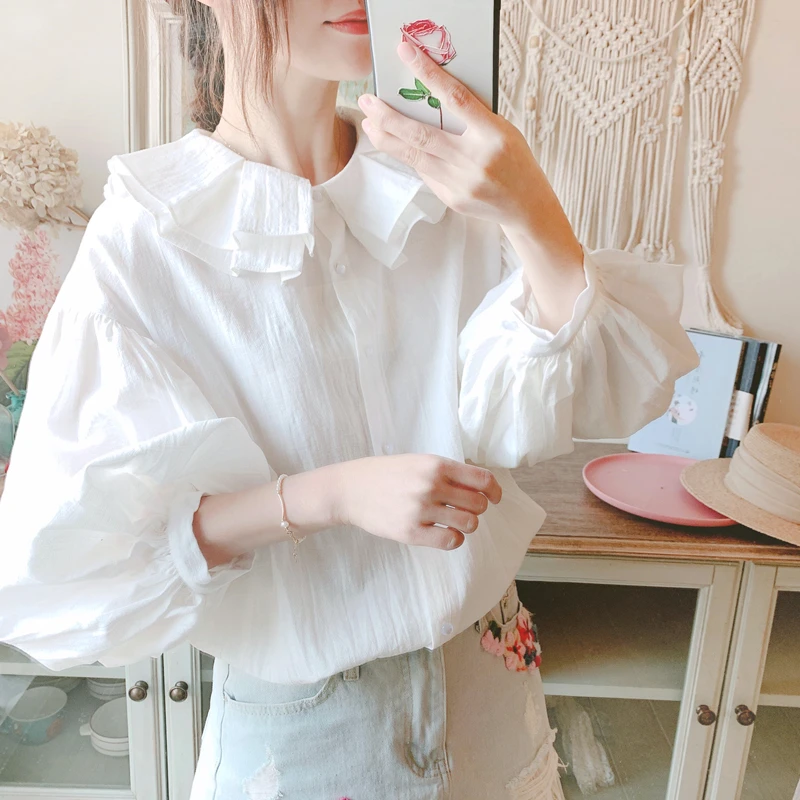 

Women's Spring Ruffled Lantern Sleeve Loose Large Size Literary Cotton Linen White Three-quarter Sleeve Shirt