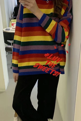 Красочные полосатые повседневные с длинным рукавом Базовые обычные модные хит