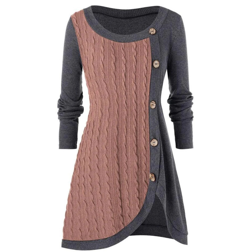 Женский Однотонный свитер-туника на пуговицах теплый вязаный пуловер с длинным
