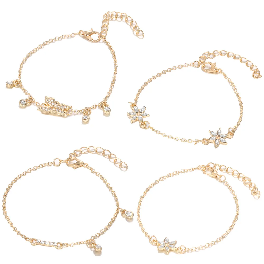 DIEZI 4pc/set Vintage Crystal Gold Chain Bracelet Sets Bracelets For Women Bohemian Statement Butterfly Flower Jewelry | Украшения и