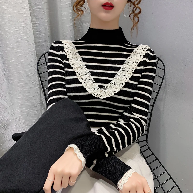 2021 Promotion Room 197502 Row 2 No. 4 Upper] Real Shot Velvet Half High Collar Stitching Lace T-shirt 60 | Женская одежда