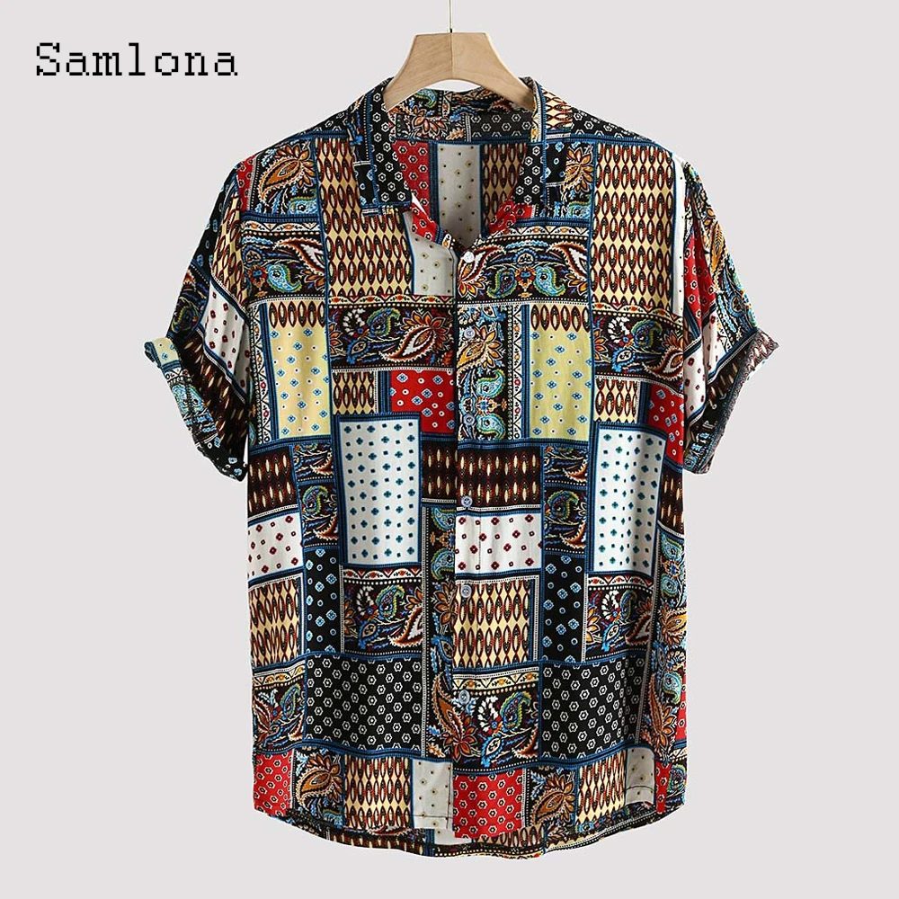 Samlona Plus Size 3xl Men Classic Shirts Linen Tops Sexy Men clothing 2021 Patchwork 3D Print Blouse Mens Elegant Fashion Shirt