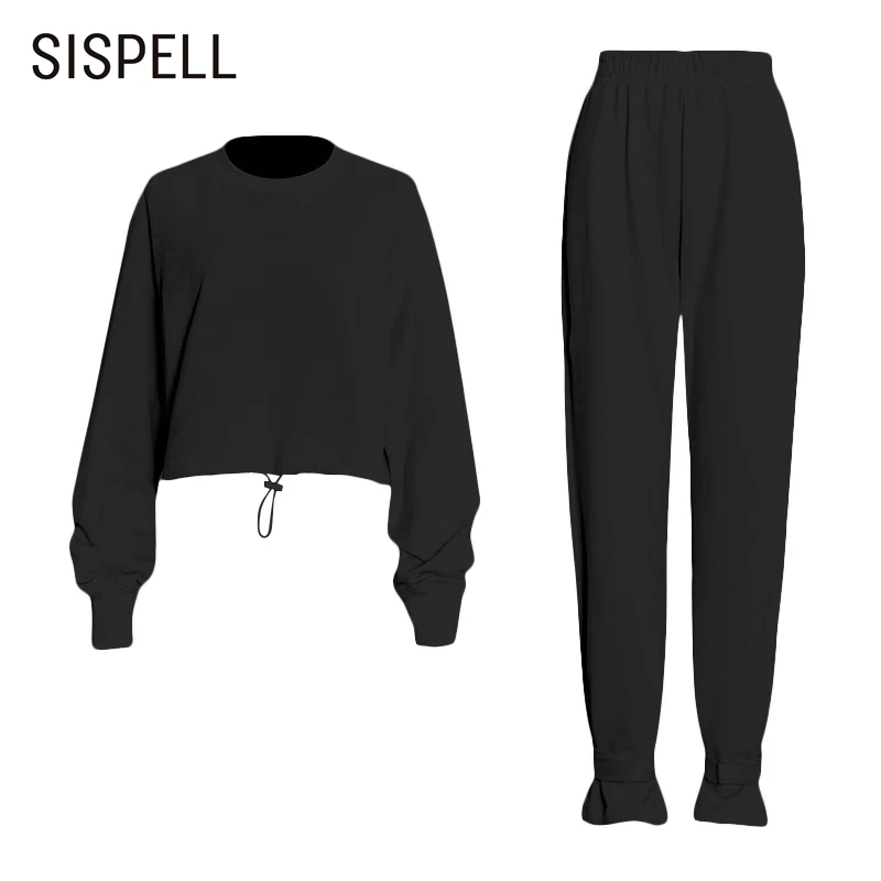 SISPELL Casual Two Piece Sets For Female O Neck Long Sleeve Draw String O Neck Long Sleeve Top With Pant Women's Suits Fashion