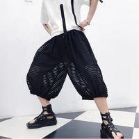 mens shorts summer mesh stripe patchwork casual shorts mens wide leg pants thin punk gothic hip hop trend