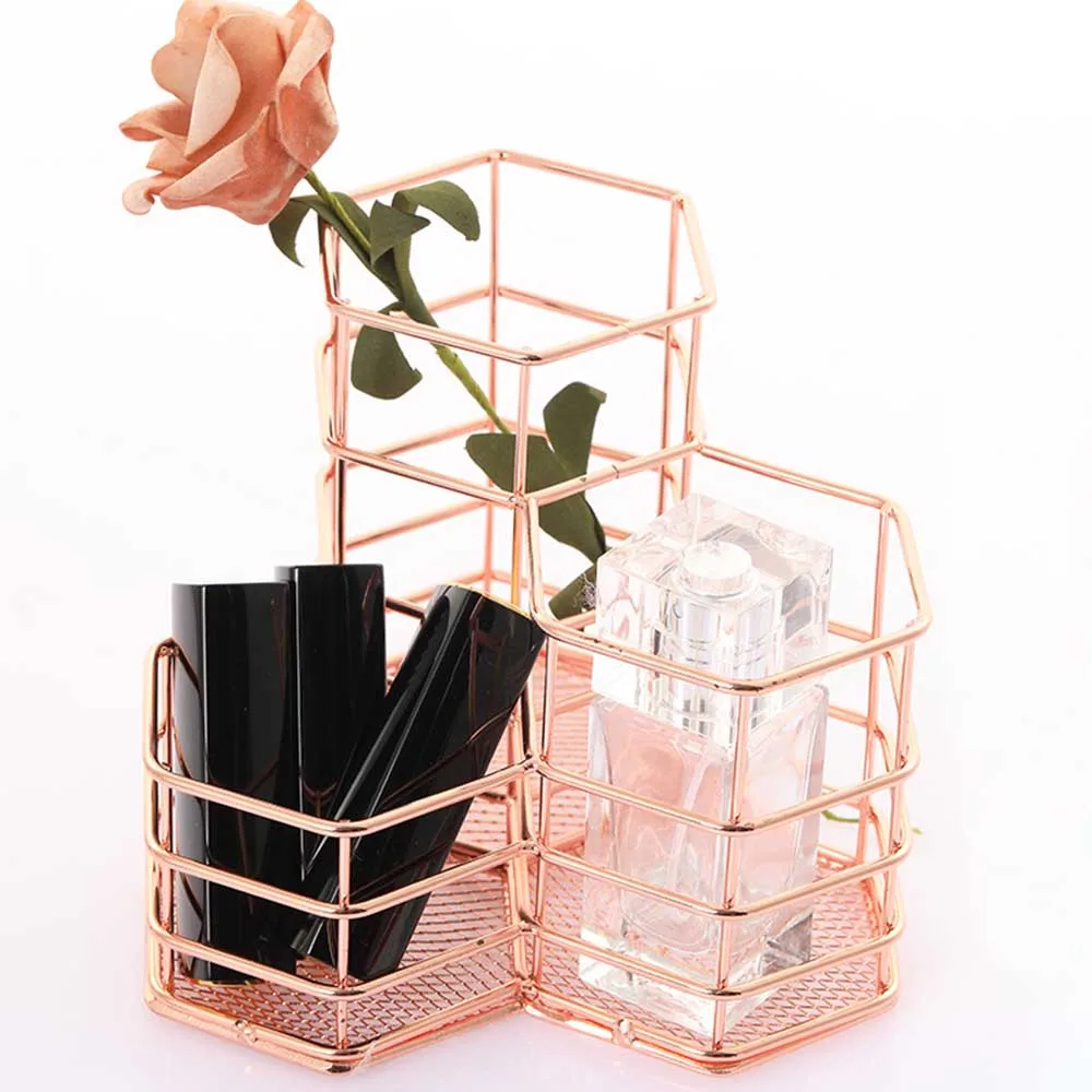 

Hexagonal combination pen container rose gold iron storage box container hexagon table organize sundry storage boxes