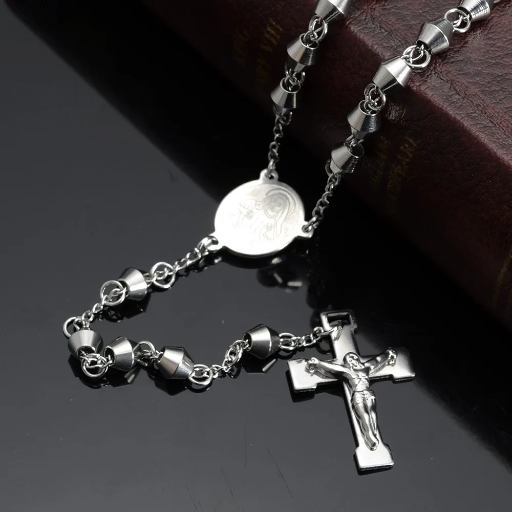 6mm Stainless Steel Bead Chain Rosary for men Jesus Cross Pendant Long Necklace High quality chain rosaries wholesale | Украшения и