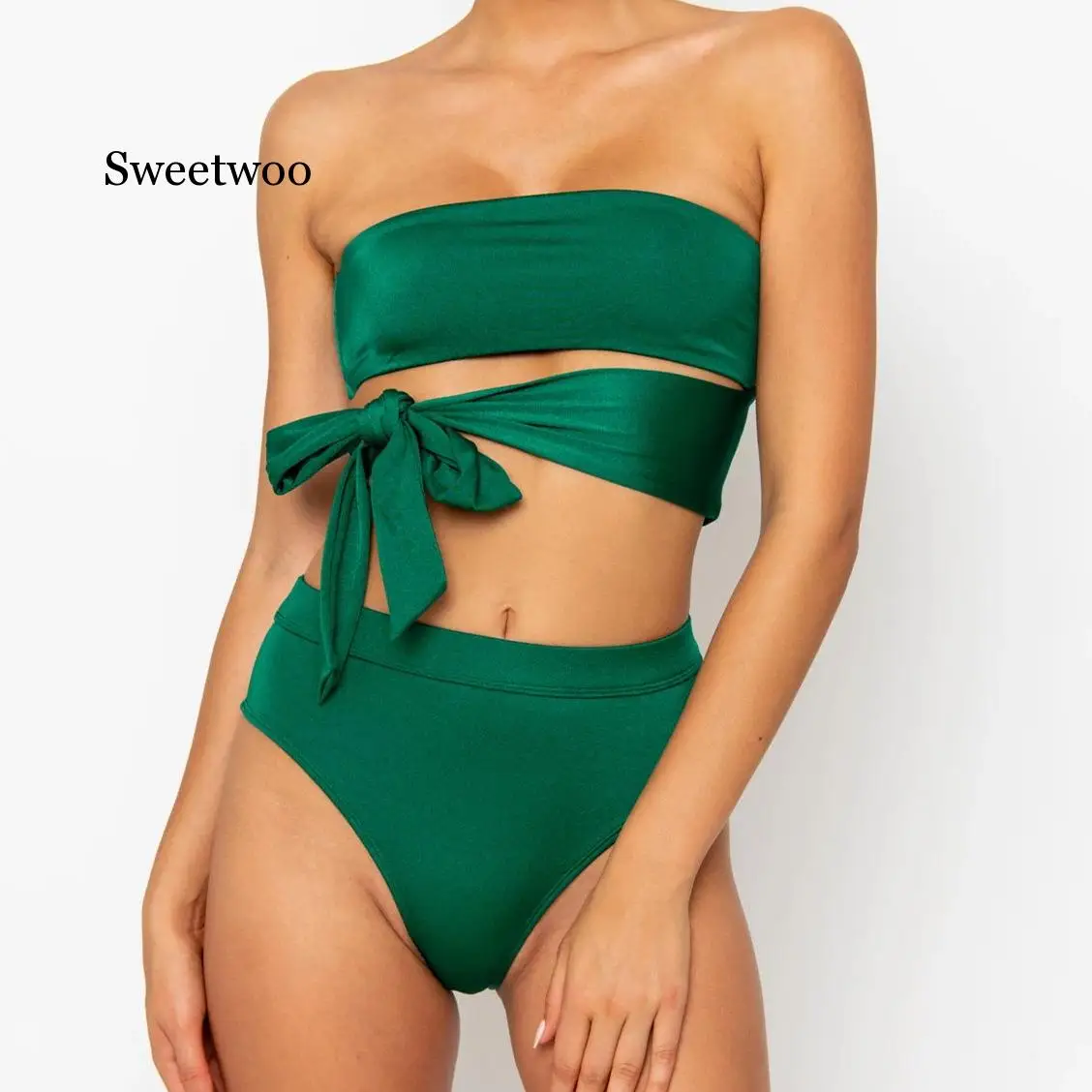 

2020 summer green bikini irregular cut swimsuit ladies bow tie swimwear women bandage bandeau bikini beach bathing suit