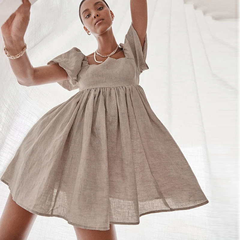 

Dresses Women Square Neck Puff Sleeve Mini Dress Pure Color Simple Temperament Fashion Leisure Cotton and Linen 2021