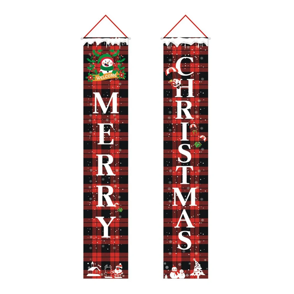 

Merry Christmas Banner Red Christmas Porch Sign Buffalo Plaid for Indoor Outdoor Front Door Wall Hanging Couplet Party Supplies