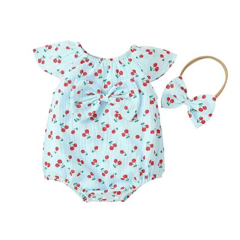 

0-18M Toddler Kid Baby Girl's Casual Suit, Round Neck Short Sleeve Cherry Print Elastic Romper, Cute Bow Headband Daily