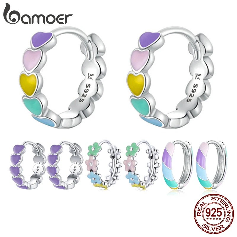 

Memnon Genuine 925 Sterling Silver Women Multicolor Enamel Heart Hoop Earrings Rainbow Trend Jewelry for Girl Gift SCE909