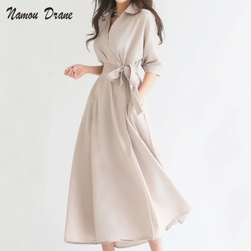 

Elegant Dress Women Solid Turn Down Collar One-Piece Dress Korean Female Clothes New Summer 2020 Office Lady Work Dresses Women