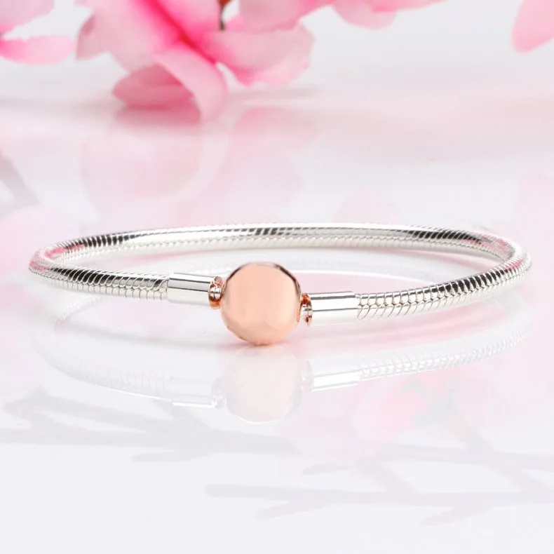 

Original 925 брелок Silver Pan Bracelet Classic Rose Gold Round Button Pan Bracelet Fit European Charm Bracelets Women Jewelry