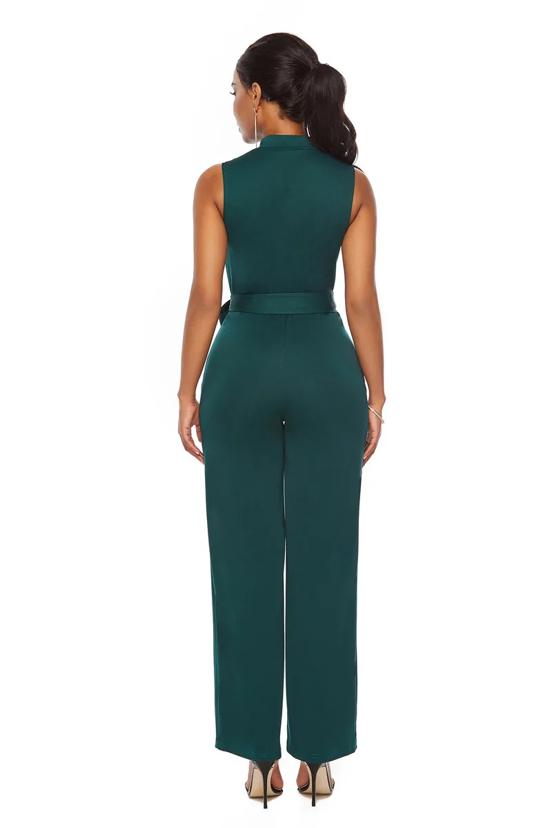 

2020 Women's Button Tied Waist Wide Leg Casual Jumpsuit Stand Collar Sleeveless Solid Green Red Black Jumpsuits Rampers Outfits
