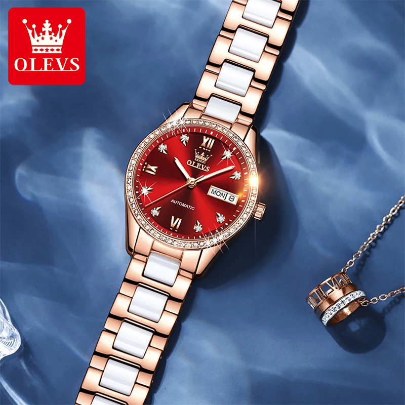 OLEVS New Women Mechanical Day Date Display Casual Fully Automatic Luminous Watch Hands Waterproof Stainless Steel Strap Watches enlarge