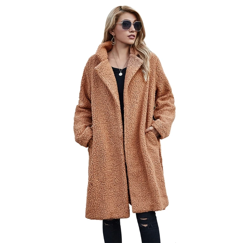 

Women Winter Fuzzy Plush Long Sleeve Coat Notched Lapel Collar Belted Loose Jacket Thicken Warm Parka Overcoat Outerwear with Po