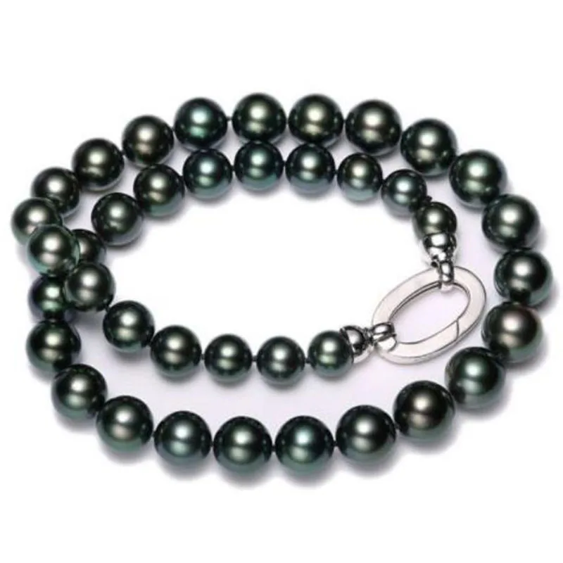 

stunning 12-14mm tahitian round black green pearl necklace 18inch 925s