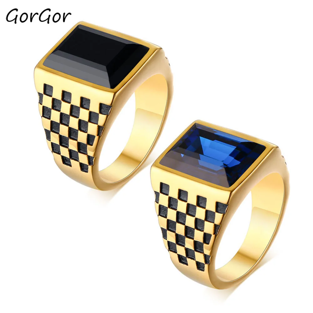 

Мужские кольца с узором из нержавеющей стали, с синим стеклом и шахматной мозаикой, RC-427